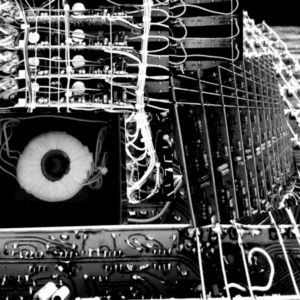 Close-up of server hardware and networking cables in a data center, highlighting the complexity of modern server infrastructure.